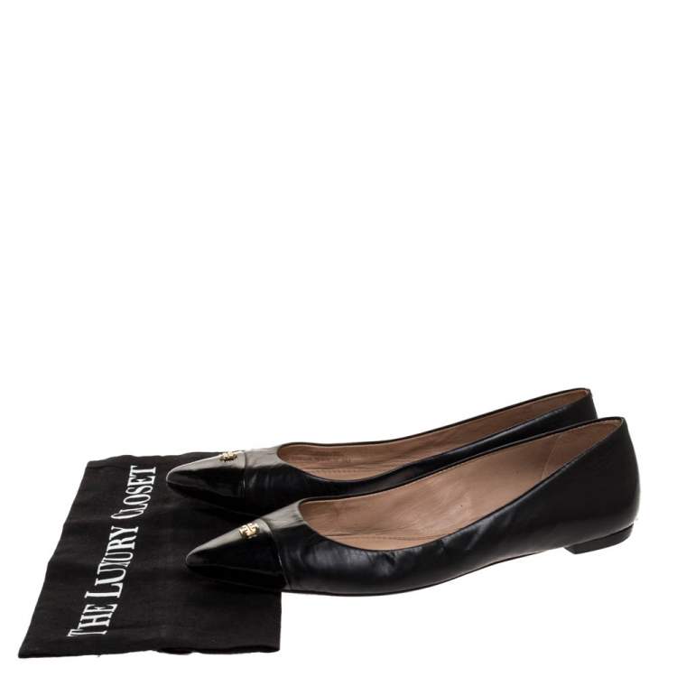 Pre Owned Tory Burch Black Leather Cap Toe Ballet Flats Size 38