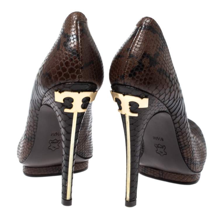 Pre Owned Tory Burch Brown Python Embossed Leather Pumps Size 38