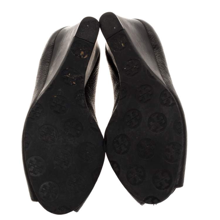 Pre Owned Tory Burch Black Leather Julianne Peep Toe Wedge Pumps Size 37