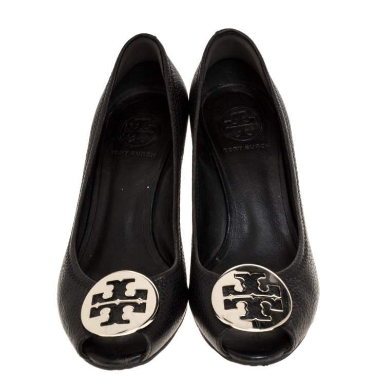 Pre Owned Tory Burch Black Leather Julianne Peep Toe Wedge Pumps Size 37
