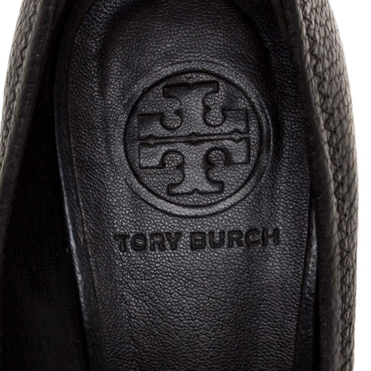 Pre Owned Tory Burch Black Leather Julianne Peep Toe Wedge Pumps Size 37