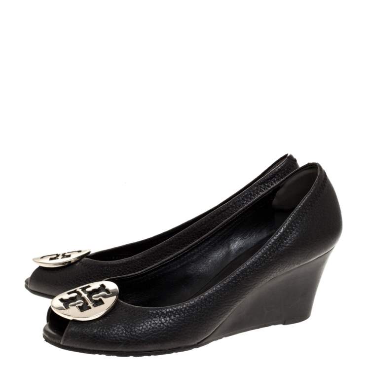 Pre Owned Tory Burch Black Leather Julianne Peep Toe Wedge Pumps Size 37