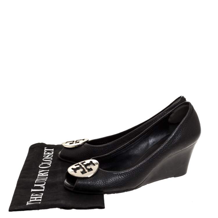 Pre Owned Tory Burch Black Leather Julianne Peep Toe Wedge Pumps Size 37