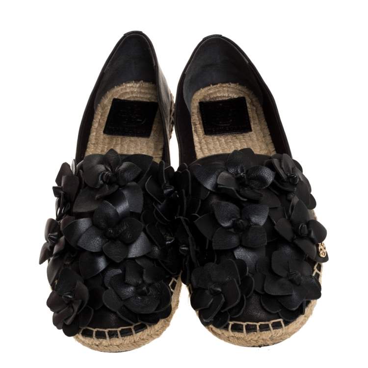 Pre Owned Tory Burch Black Leather Blossom Floral Applique Espadrilles Size 38