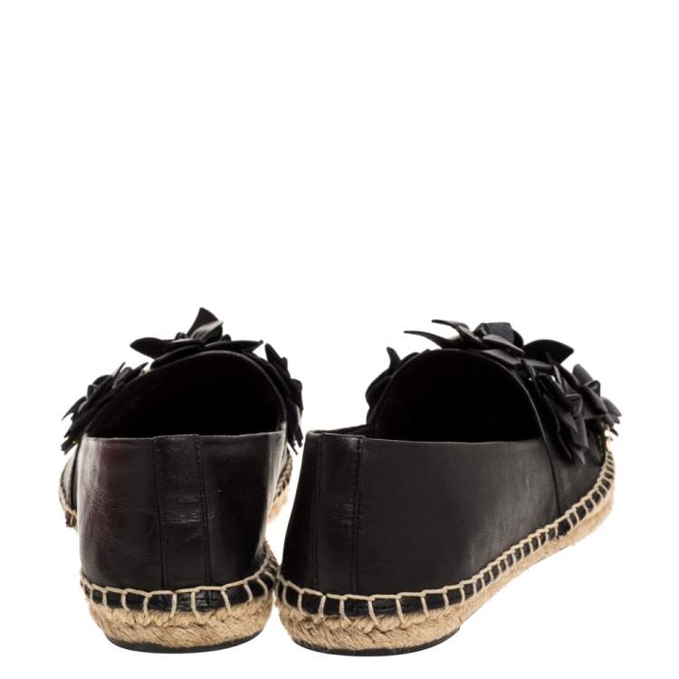 Pre Owned Tory Burch Black Leather Blossom Floral Applique Espadrilles Size 38