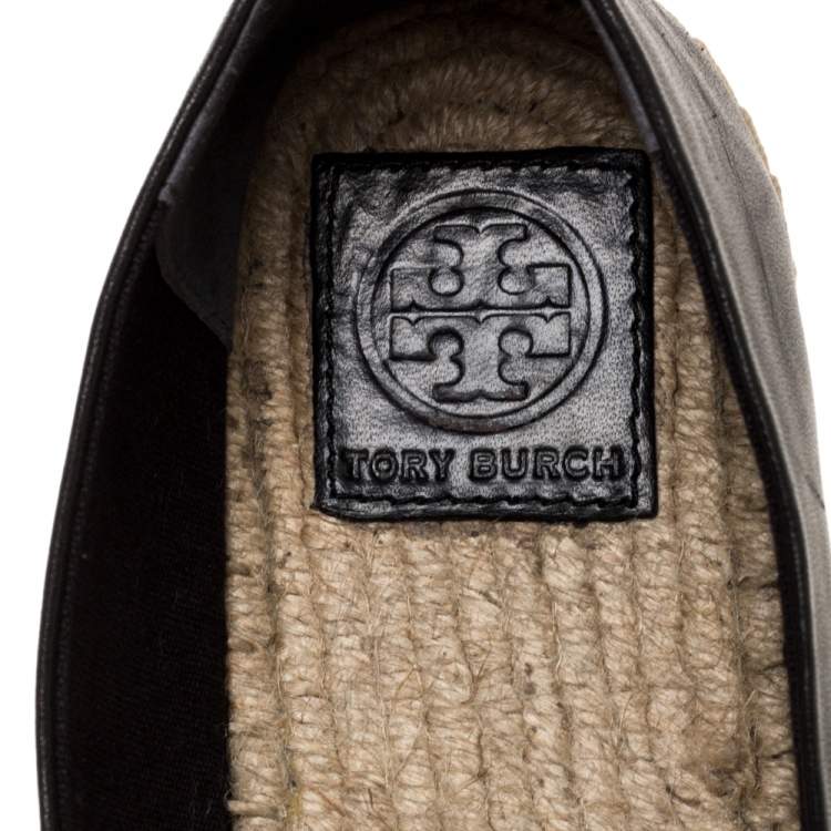 Pre Owned Tory Burch Black Leather Blossom Floral Applique Espadrilles Size 38