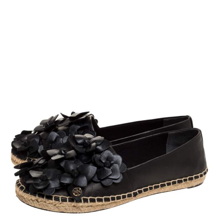 Pre Owned Tory Burch Black Leather Blossom Floral Applique Espadrilles Size 38