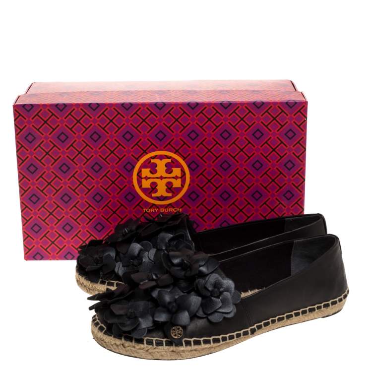 Pre Owned Tory Burch Black Leather Blossom Floral Applique Espadrilles Size 38