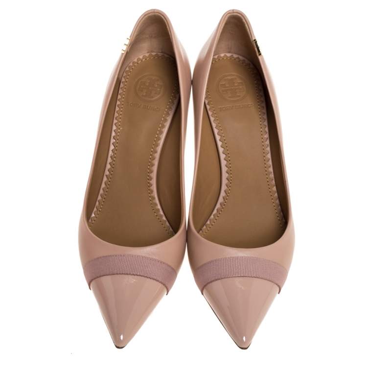 Pre Owned Tory Burch Pink Leather And Patent Cap Toe Penelope Pumps Size 36