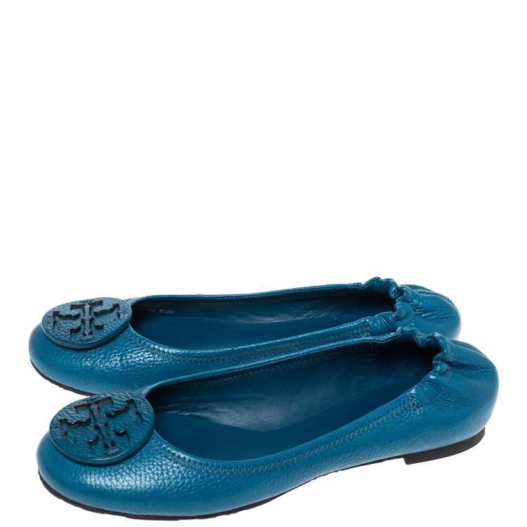 Pre Owned Tory Burch Blue Textured Leather Logo Minnie Ballet Flats Size 38.5