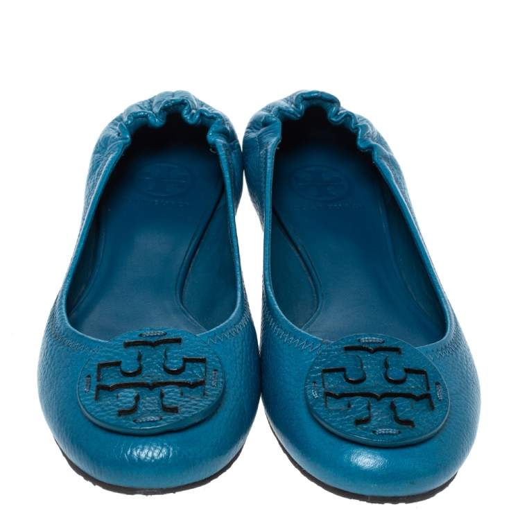Pre Owned Tory Burch Blue Textured Leather Logo Minnie Ballet Flats Size 38.5