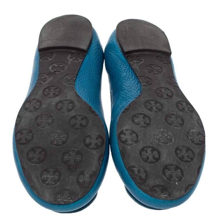 Pre Owned Tory Burch Blue Textured Leather Logo Minnie Ballet Flats Size 38.5