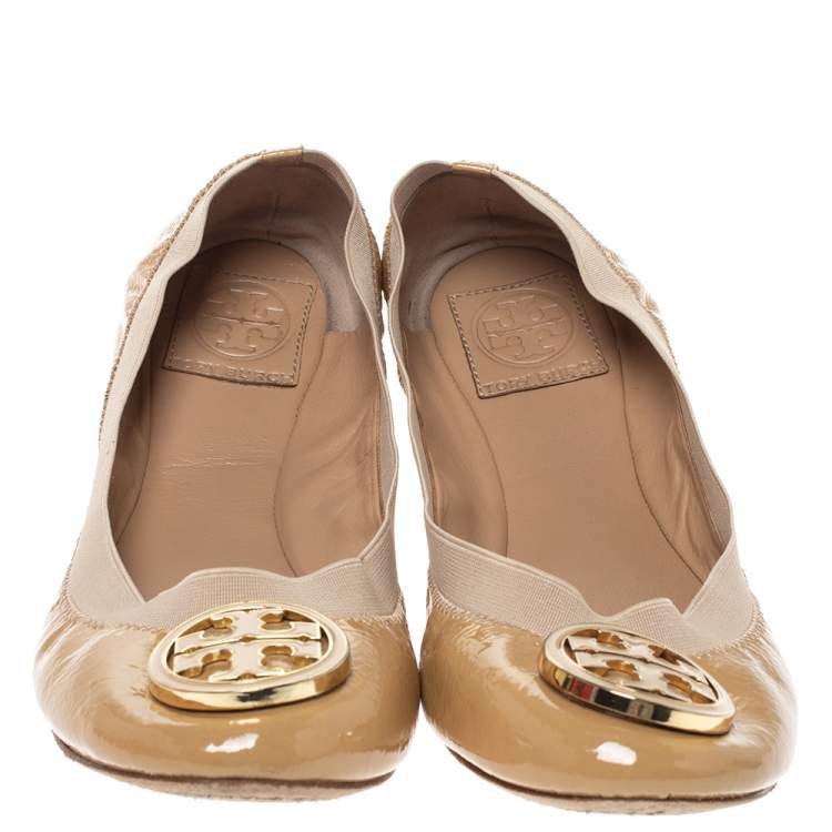 Pre Owned Tory Burch Beige Patent Leather Caroline Ballet Flats Size 39.5