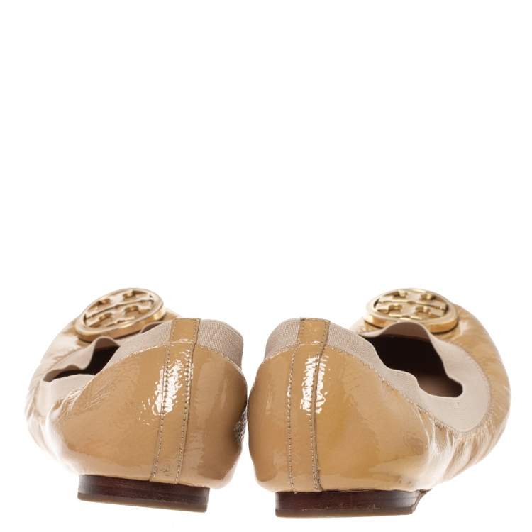 Pre Owned Tory Burch Beige Patent Leather Caroline Ballet Flats Size 39.5