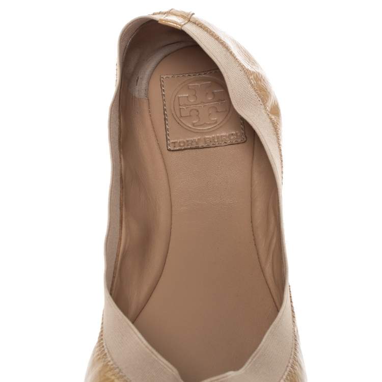 Pre Owned Tory Burch Beige Patent Leather Caroline Ballet Flats Size 39.5
