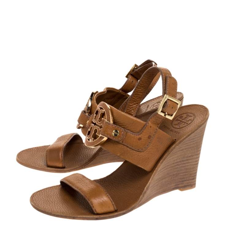 Pre Owned Tory Burch Brown Textured Leather Amanda High Wedge Sandals Size 37