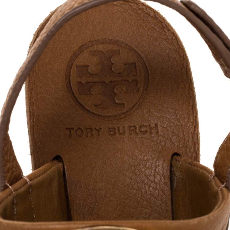 Pre Owned Tory Burch Brown Textured Leather Amanda High Wedge Sandals Size 37