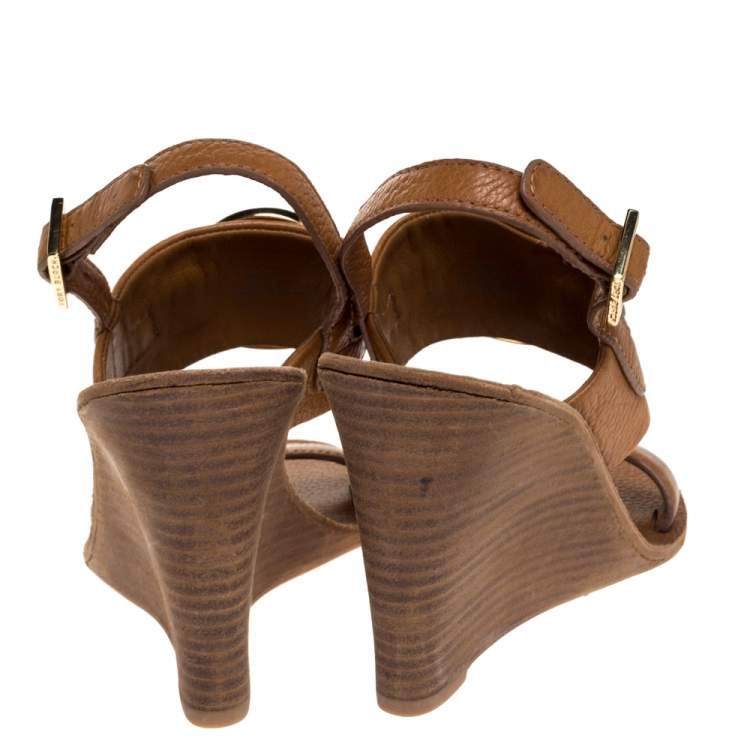 Pre Owned Tory Burch Brown Textured Leather Amanda High Wedge Sandals Size 37