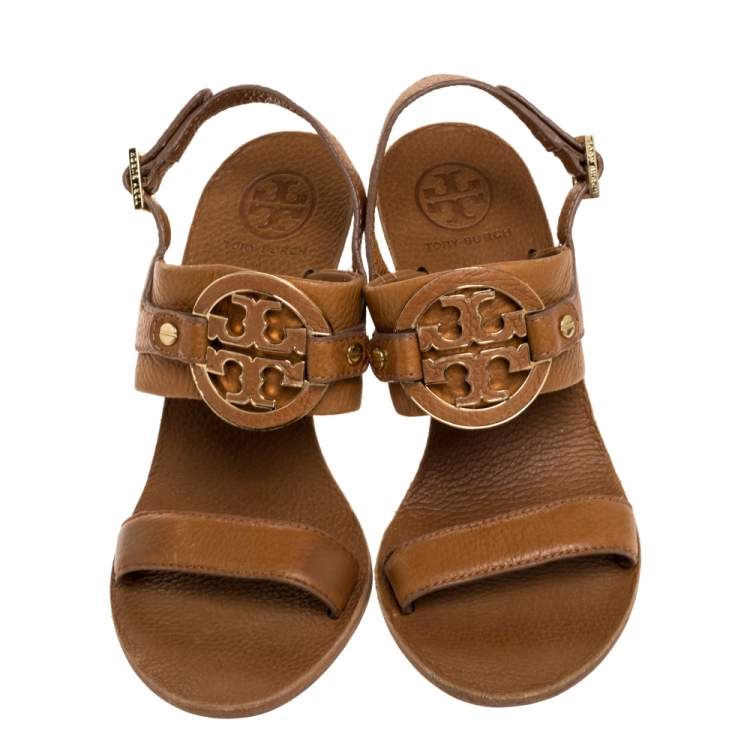 Pre Owned Tory Burch Brown Textured Leather Amanda High Wedge Sandals Size 37