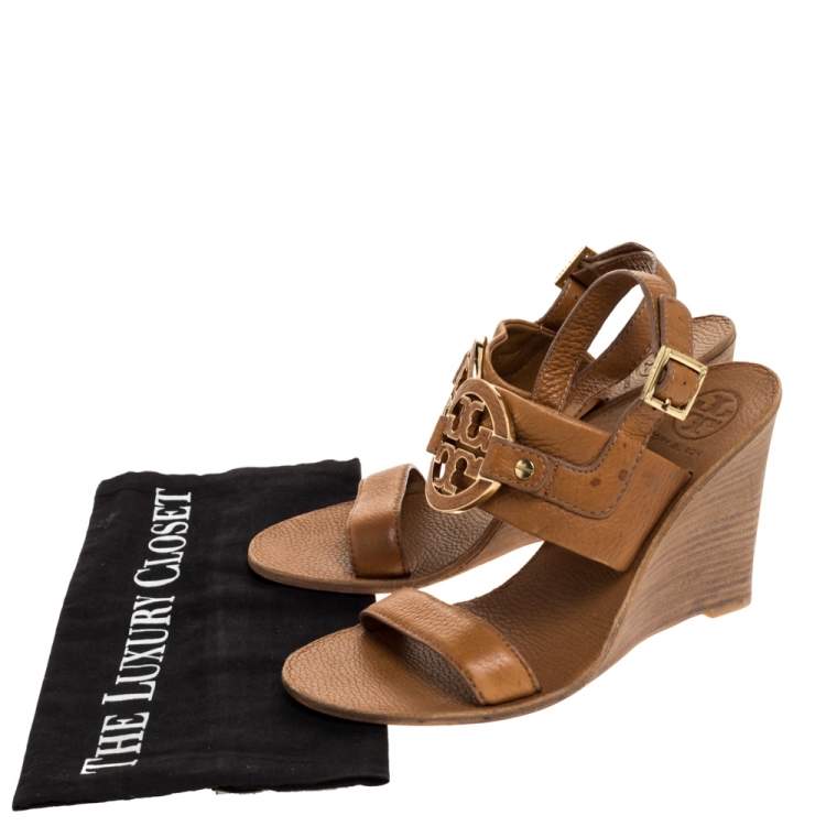 Pre Owned Tory Burch Brown Textured Leather Amanda High Wedge Sandals Size 37