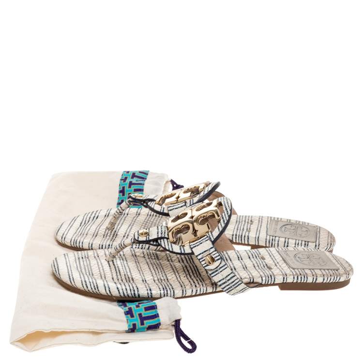 Pre Owned Tory Burch White/Blue Striped Snakeskin Embossed Miller Flat Thong Sandals Size 39.5