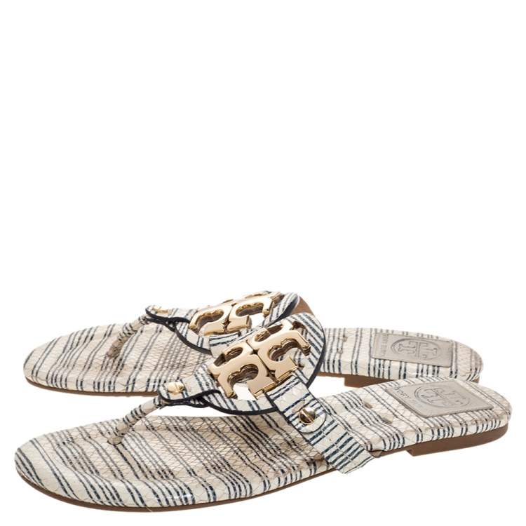 Pre Owned Tory Burch White/Blue Striped Snakeskin Embossed Miller Flat Thong Sandals Size 39.5