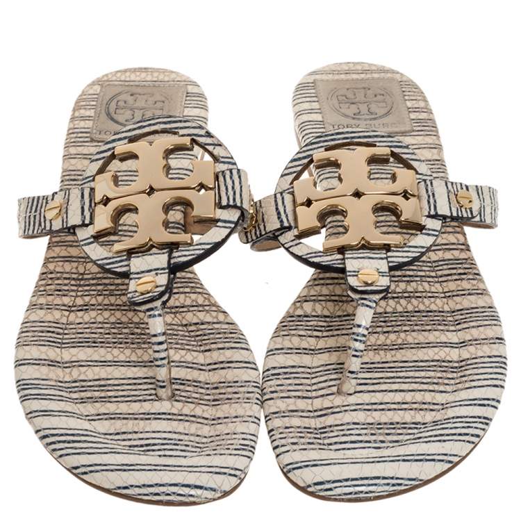 Pre Owned Tory Burch White/Blue Striped Snakeskin Embossed Miller Flat Thong Sandals Size 39.5