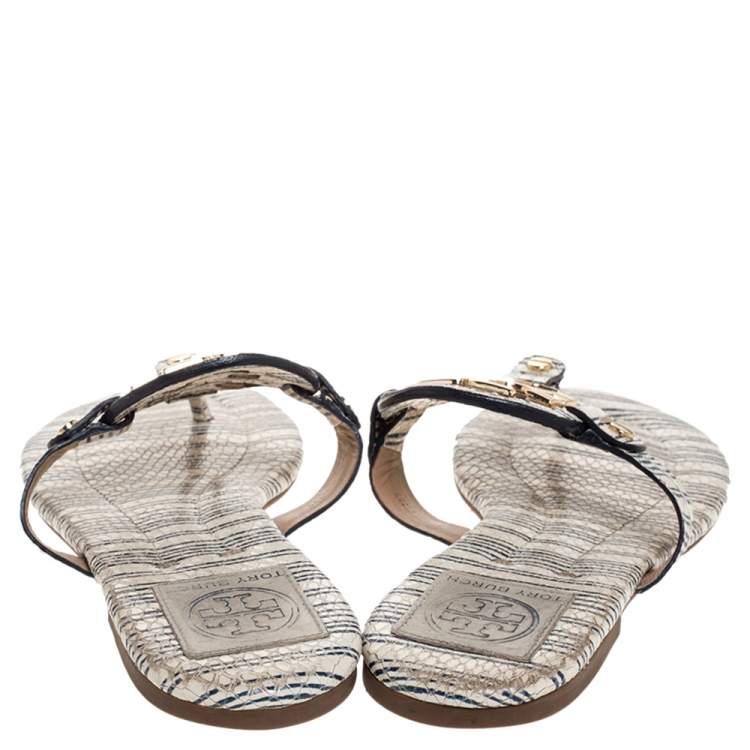 Pre Owned Tory Burch White/Blue Striped Snakeskin Embossed Miller Flat Thong Sandals Size 39.5