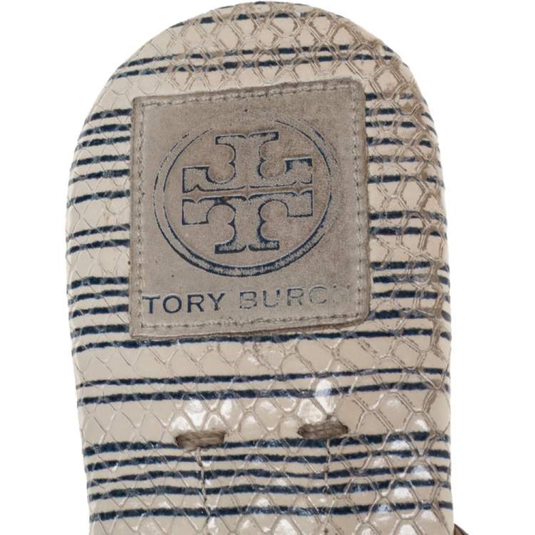 Pre Owned Tory Burch White/Blue Striped Snakeskin Embossed Miller Flat Thong Sandals Size 39.5