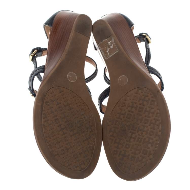 Pre Owned Tory Burch Navy Blue Leather Phoebe Thong Ankle Strap Wedge Sandals Size 39.5