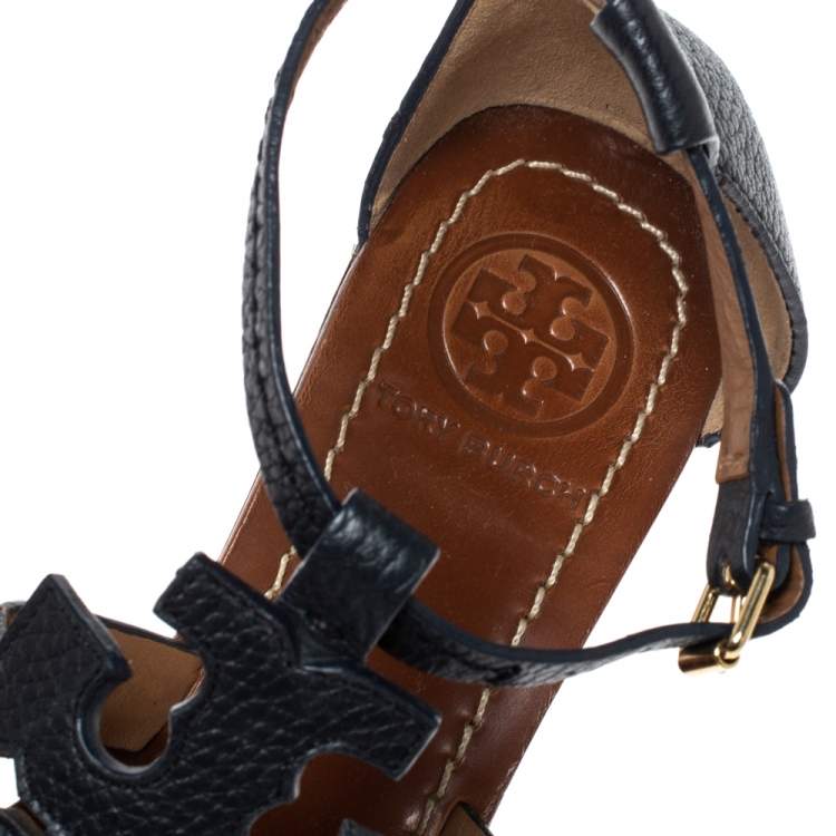 Pre Owned Tory Burch Navy Blue Leather Phoebe Thong Ankle Strap Wedge Sandals Size 39.5
