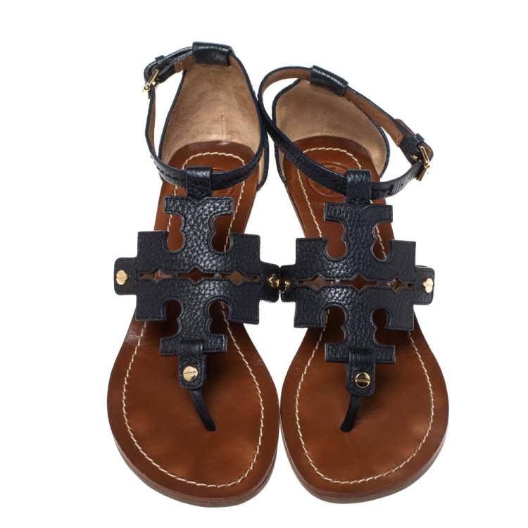 Pre Owned Tory Burch Navy Blue Leather Phoebe Thong Ankle Strap Wedge Sandals Size 39.5