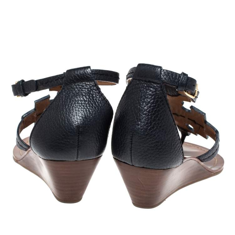 Pre Owned Tory Burch Navy Blue Leather Phoebe Thong Ankle Strap Wedge Sandals Size 39.5