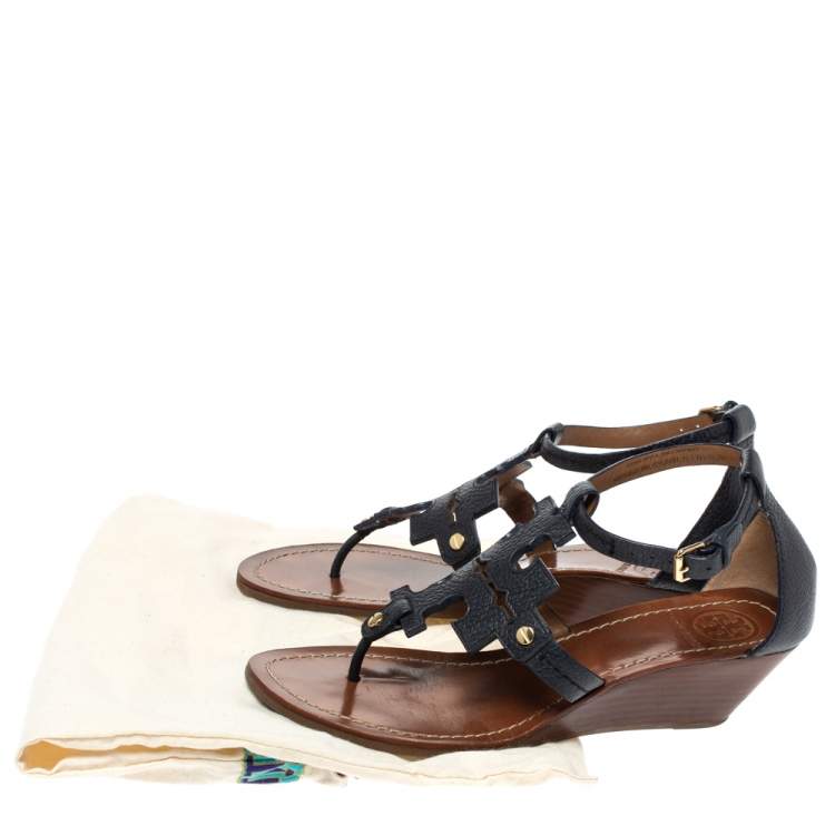 Pre Owned Tory Burch Navy Blue Leather Phoebe Thong Ankle Strap Wedge Sandals Size 39.5