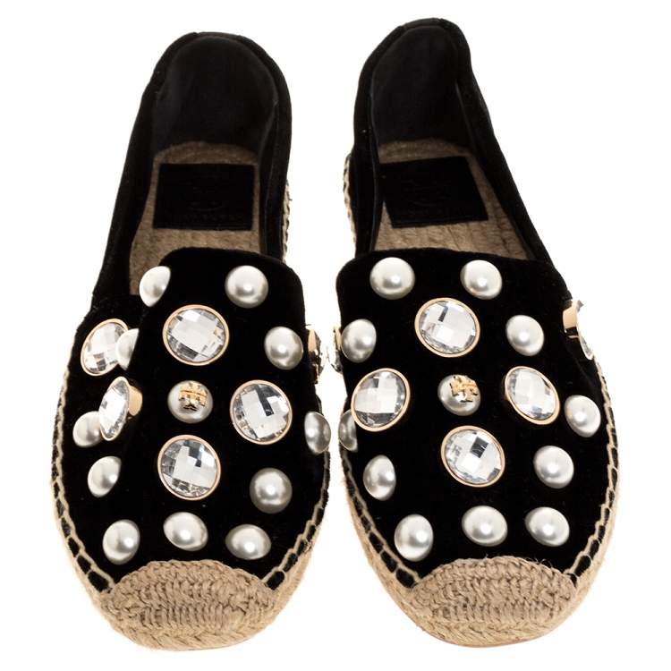 مملوكة مسبقًا Tory Burch Black Velvet Crystal Embellished Vail Espadrille Flat Size 38