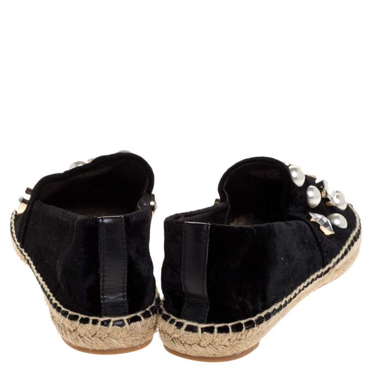 مملوكة مسبقًا Tory Burch Black Velvet Crystal Embellished Vail Espadrille Flat Size 38