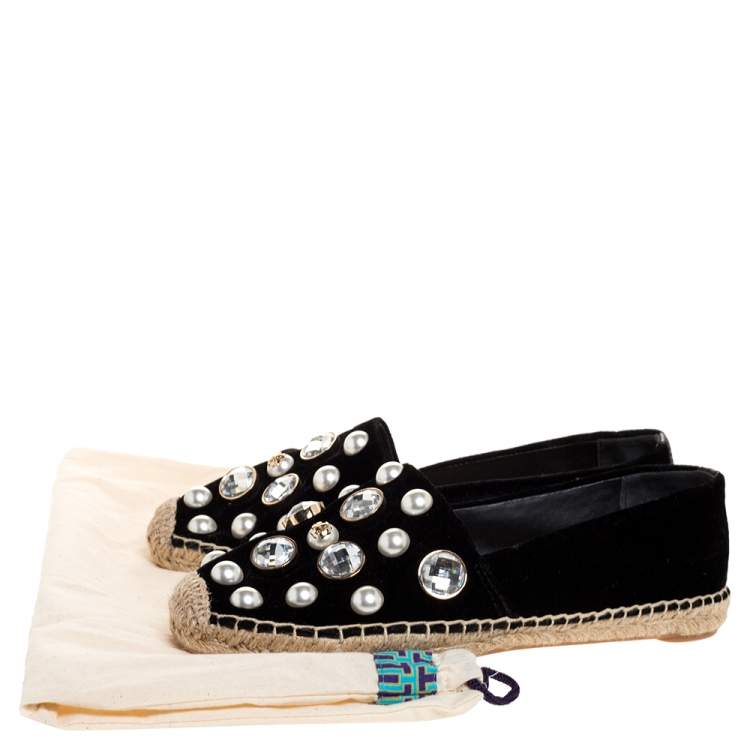 مملوكة مسبقًا Tory Burch Black Velvet Crystal Embellished Vail Espadrille Flat Size 38