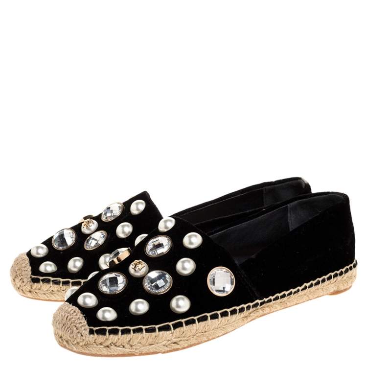 مملوكة مسبقًا Tory Burch Black Velvet Crystal Embellished Vail Espadrille Flat Size 38
