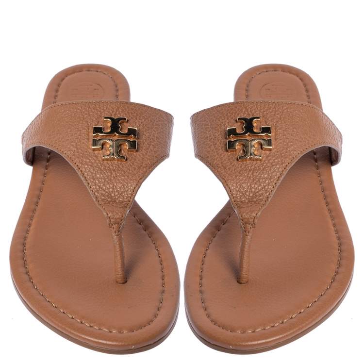 Pre Owned Tory Burch Tan Leather Jolie Thong Flat Sandals Size 39