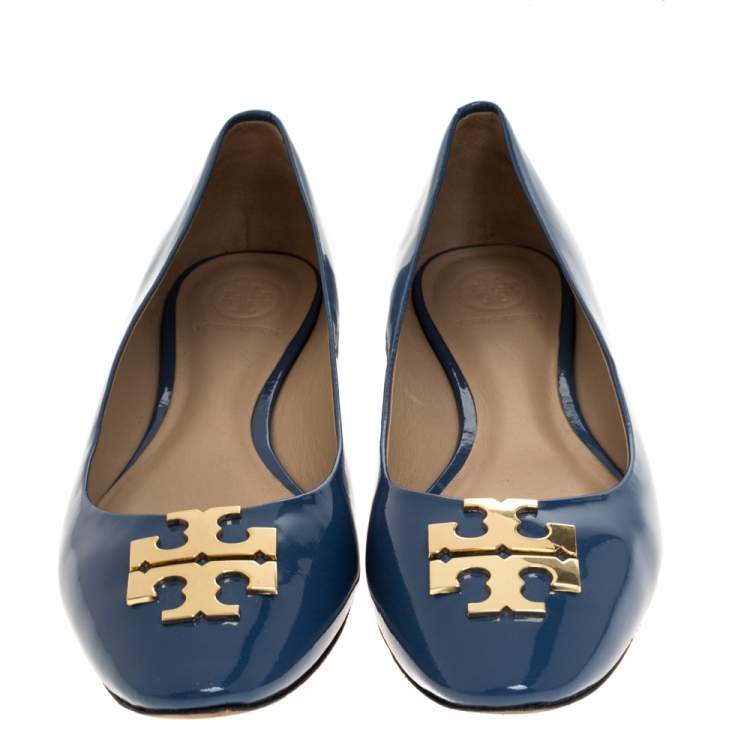 Pre Owned Tory Burch Blue Patent Leather Lowell Ballet Flats Size 37.5