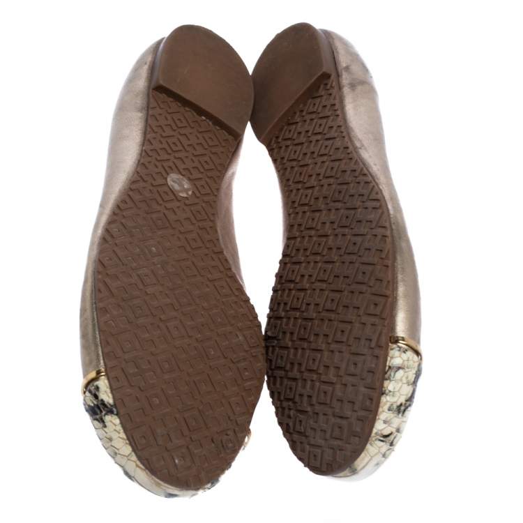 Pre Owned Tory Burch Metallic Gold Leather And Snake Print Cap Toe Bar Logo Ballet Flats Size 37