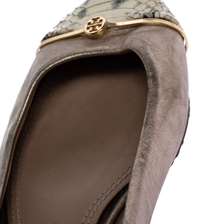 Pre Owned Tory Burch Metallic Gold Leather And Snake Print Cap Toe Bar Logo Ballet Flats Size 37