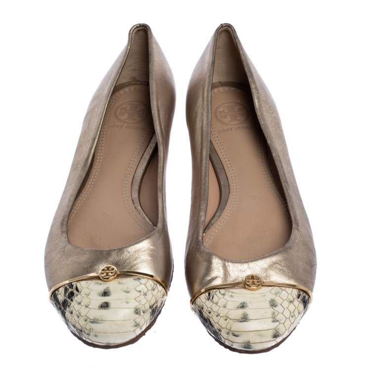 Pre Owned Tory Burch Metallic Gold Leather And Snake Print Cap Toe Bar Logo Ballet Flats Size 37
