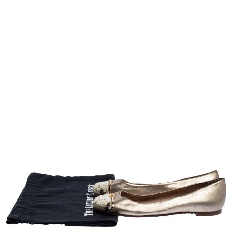 Pre Owned Tory Burch Metallic Gold Leather And Snake Print Cap Toe Bar Logo Ballet Flats Size 37