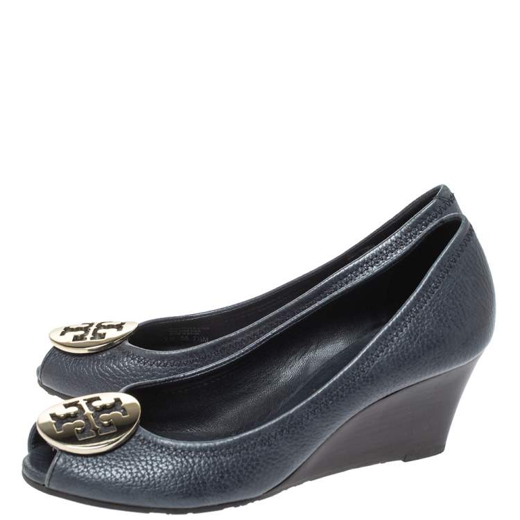 Pre Owned Tory Burch Navy Blue Leather Julianne Peep Toe Wedge Pumps Size 37.5