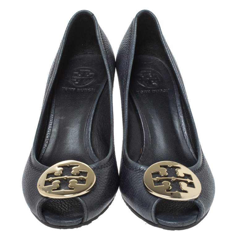 Pre Owned Tory Burch Navy Blue Leather Julianne Peep Toe Wedge Pumps Size 37.5