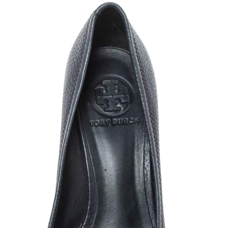 Pre Owned Tory Burch Navy Blue Leather Julianne Peep Toe Wedge Pumps Size 37.5