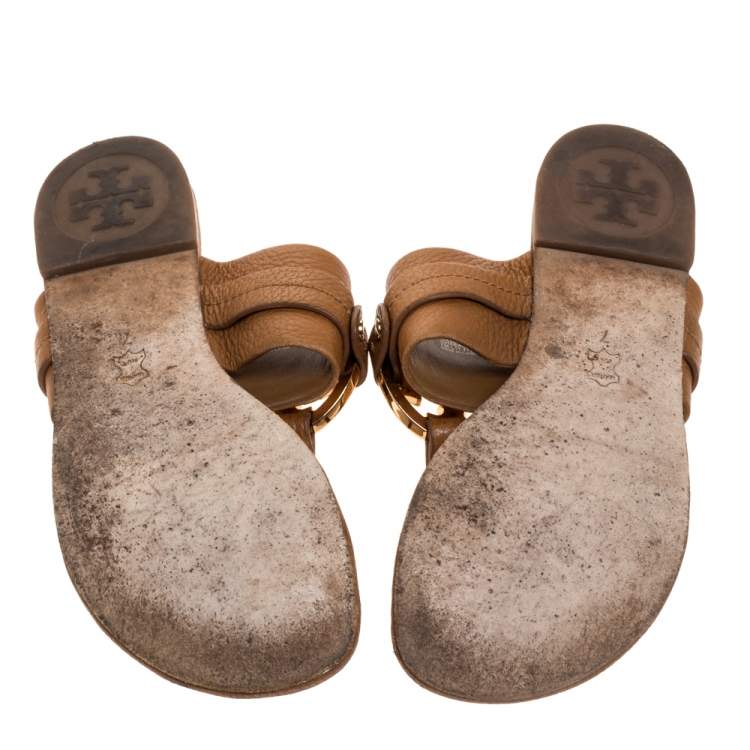 Pre Owned Tory Burch Brown Leather Flat Thong Sandals Size 37