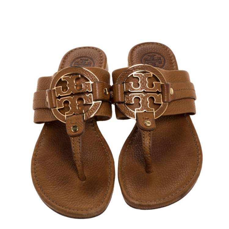 Pre Owned Tory Burch Brown Leather Flat Thong Sandals Size 37