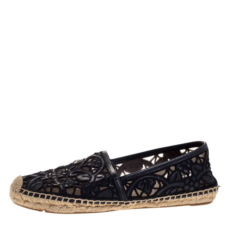 Tory Burch Black Cotton Lace and Leather Jackie Espadrilles Size 38 Tory  Burch | TLC
